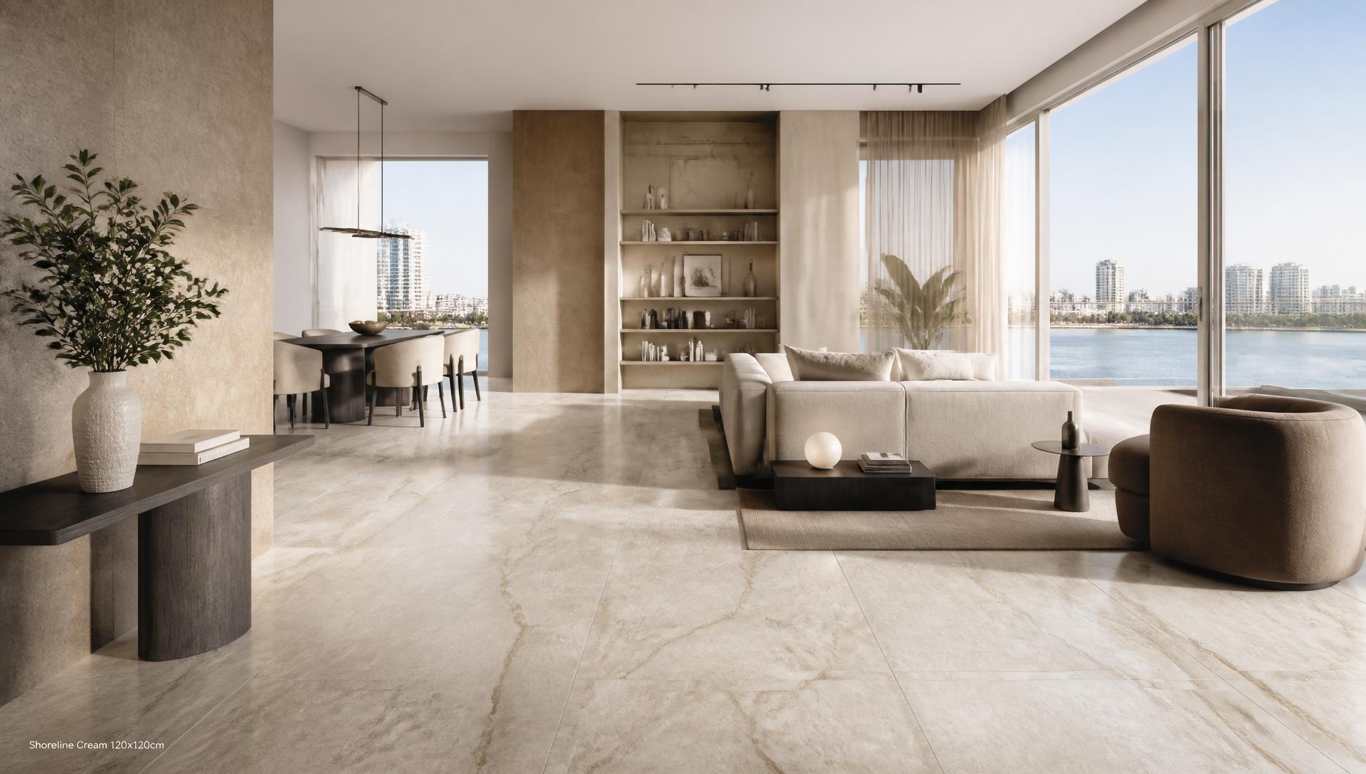 Modern living space finished with large-format marble-look porcelain tiles